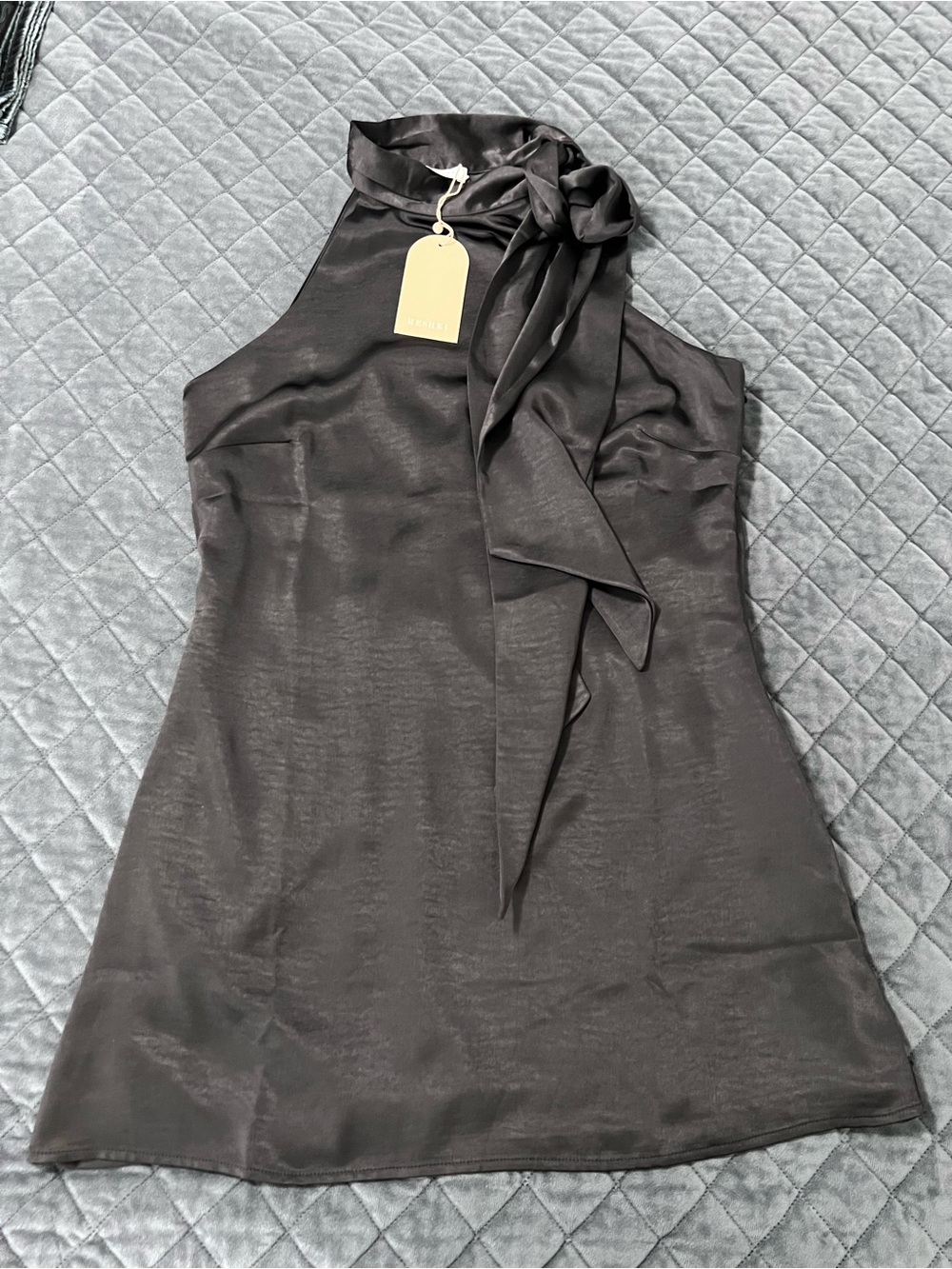 Meshki aubriella halter mini dress Women’s Large Satin Black Neck Tie B2 - Picture 3 of 10